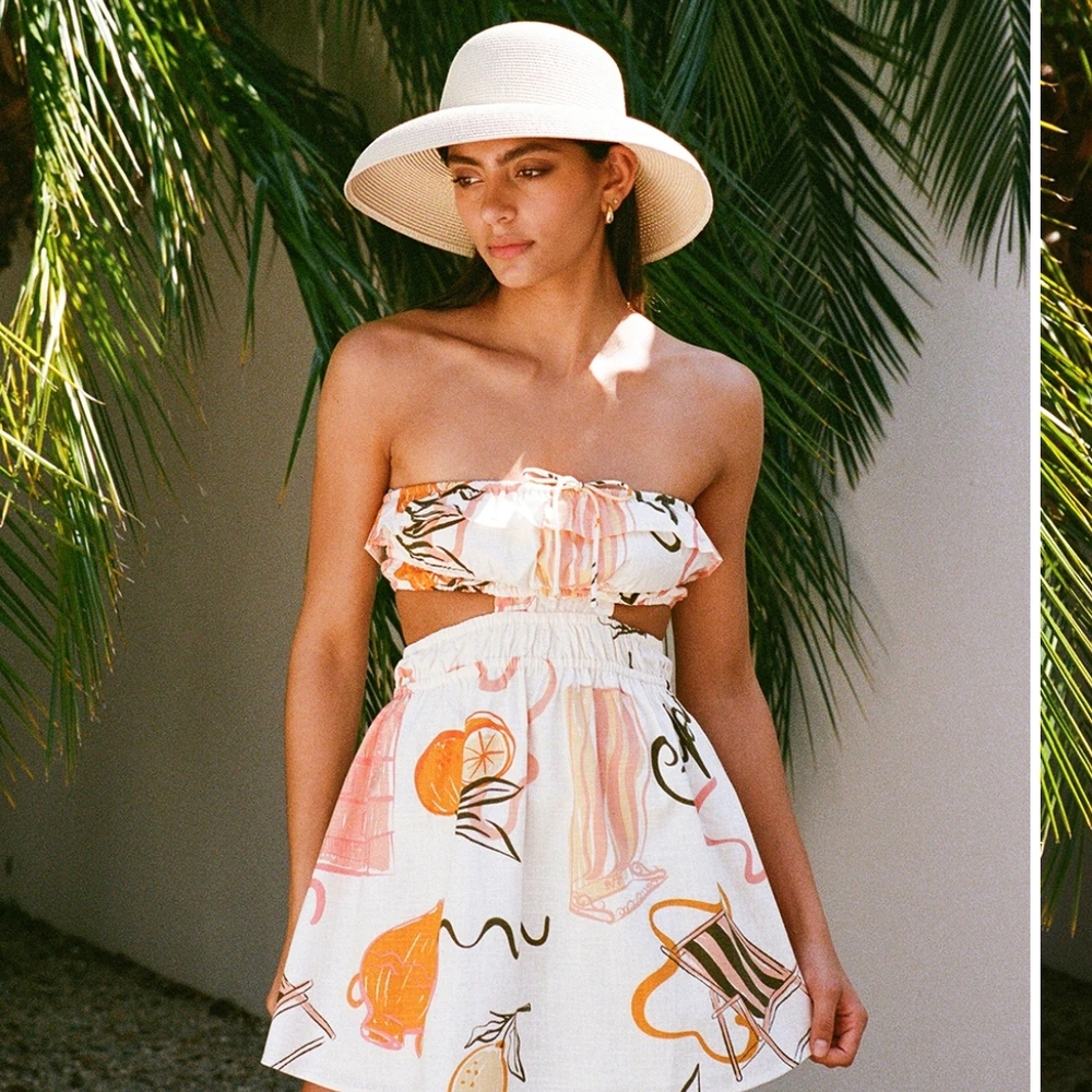 Sabo Skirt Strapless Mini Dress with Orange and Pink Accents